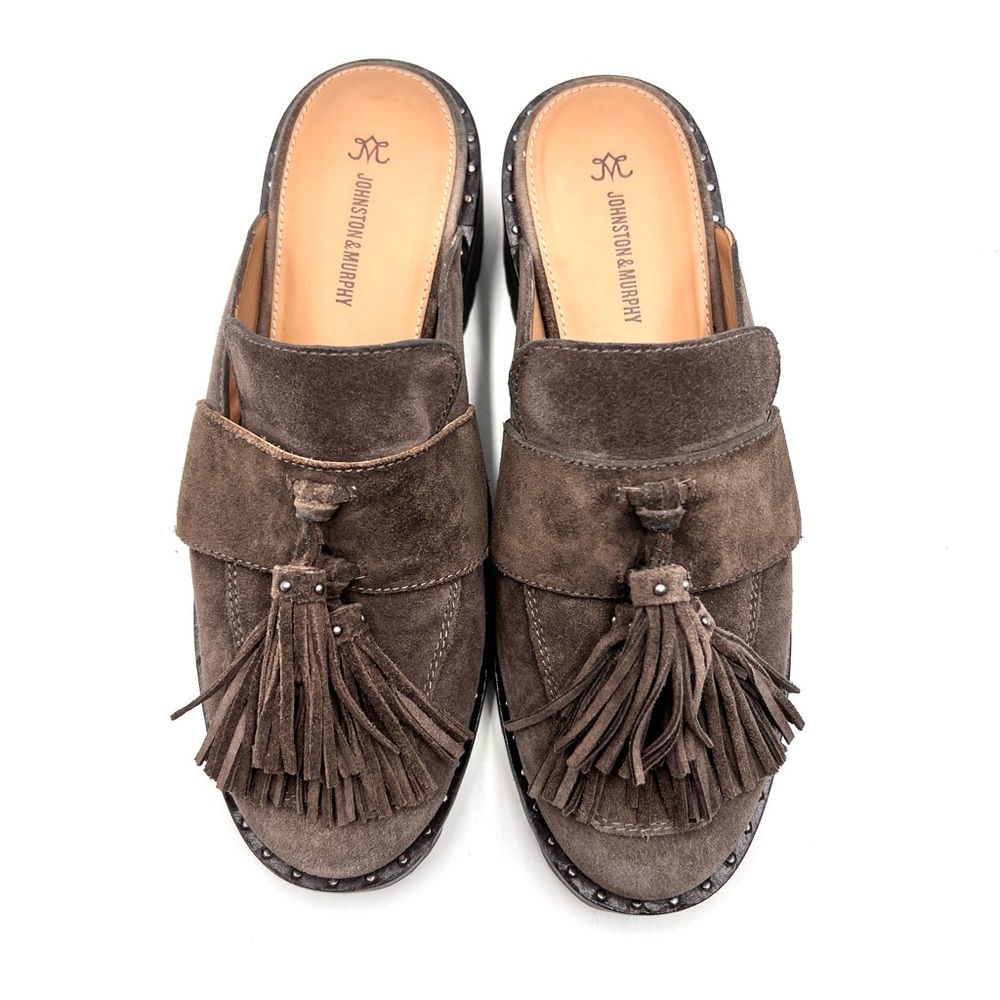 JOHNSTON & MURPHY Alice Tassel Slip On Mules Dark Gray Sude Size 7